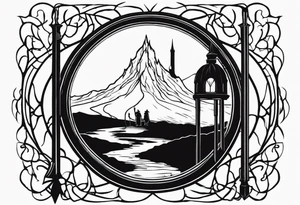 Lord of the rings. Small and very simple. Include Round hobbit door, gandalfs staff, barad dur silhouette in background, Harry Potter wands tattoo idea