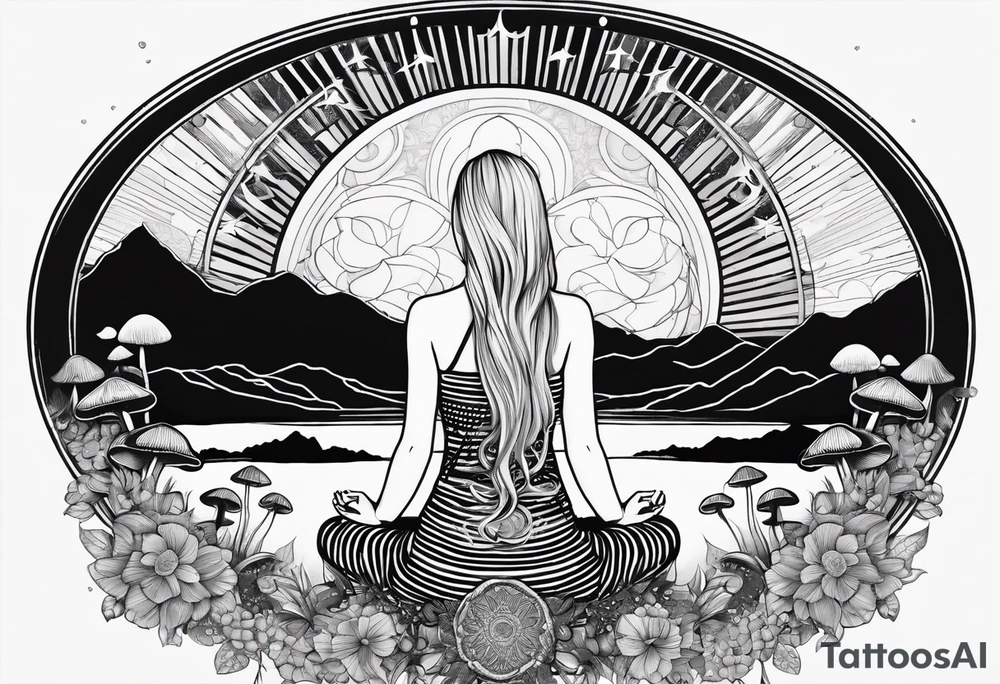 Straight blonde hair girl meditating facing away toward mountains surrounded by mushrooms crescent moon mandala circular design black and white striped dress tattoo idea