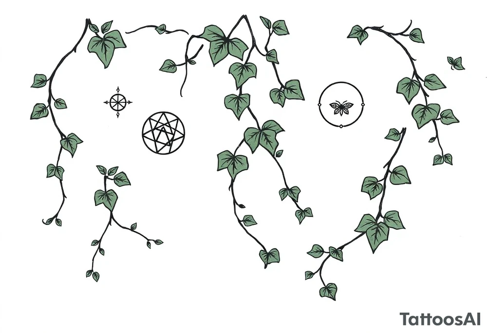 Ivy. Vines with wiccan symbols and zodiac signs cancer and leo tattoo idea
