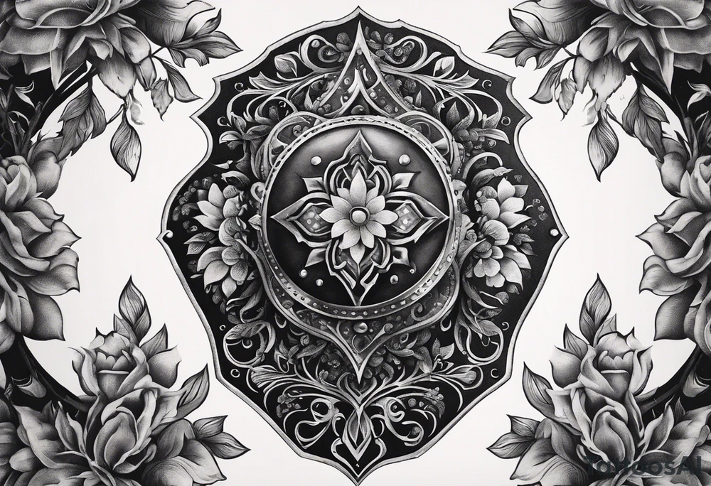 An Iron Shield endowed with diamond shaped gems along the trim, 3 different kinds of flowers create the crest, black vines with bright white thorns wrap and constrict the shield as a tattoo design" tattoo idea