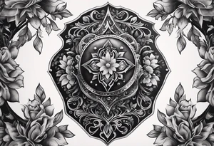 An Iron Shield endowed with diamond shaped gems along the trim, 3 different kinds of flowers create the crest, black vines with bright white thorns wrap and constrict the shield as a tattoo design" tattoo idea