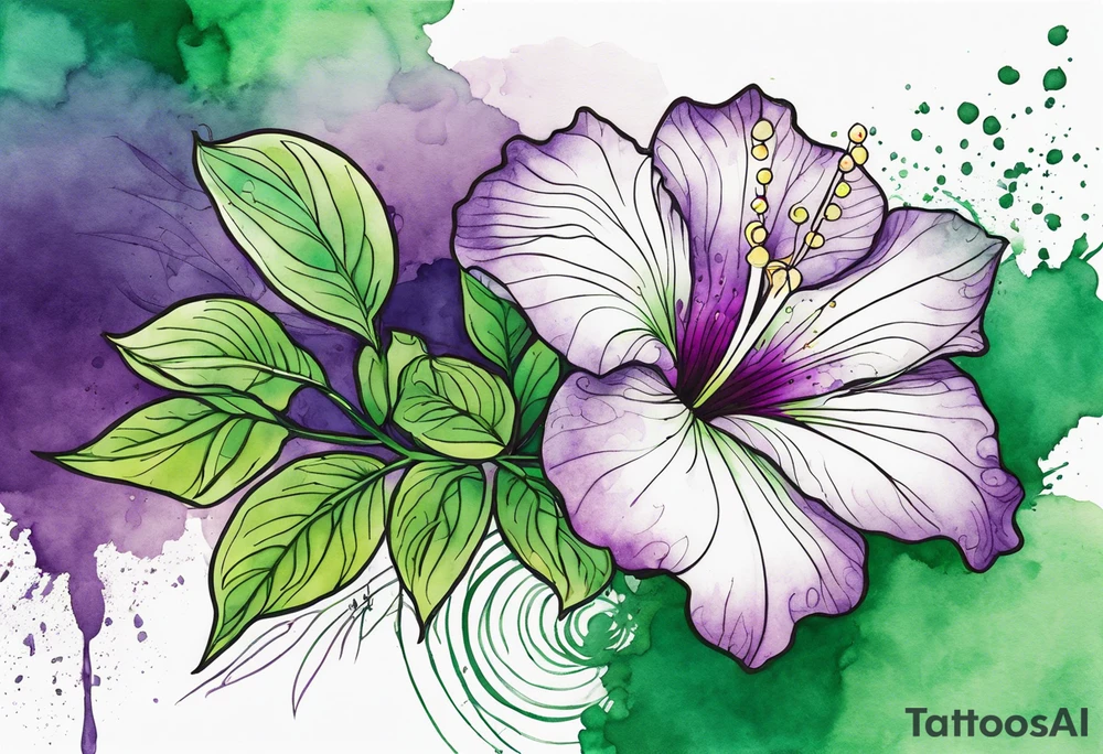 An outline of a green rio dipladenia flower and a green and purple watercolor splash in the background tattoo idea