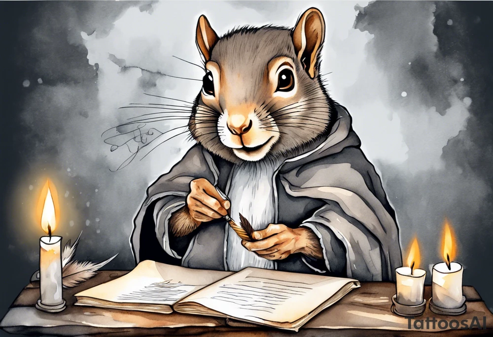 an elderly grey squirrel with a beard dressed in a grey cloak sitting in the dark holding a feather quill writing a letter by candlelight tattoo idea