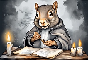 an elderly grey squirrel with a beard dressed in a grey cloak sitting in the dark holding a feather quill writing a letter by candlelight tattoo idea
