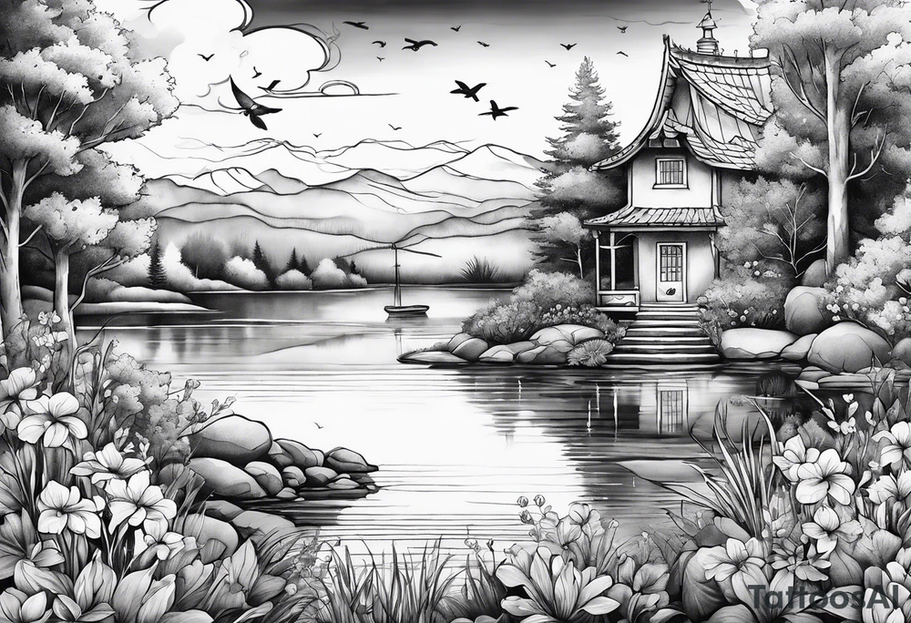 hidden garden, flowers, lake, secret place tattoo idea