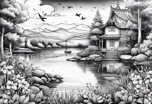 hidden garden, flowers, lake, secret place tattoo idea