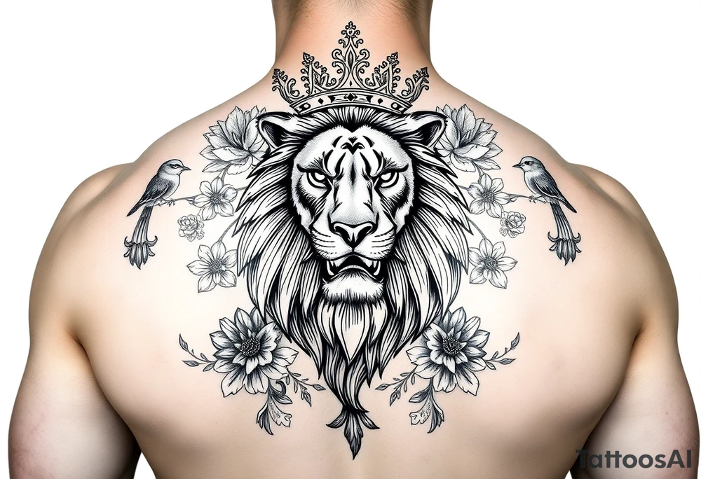 powerful majestic lion with a crown, surrounded by floral ornaments and birds tattoo idea