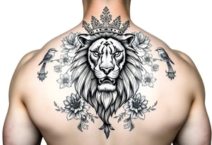 powerful majestic lion with a crown, surrounded by floral ornaments and birds tattoo idea