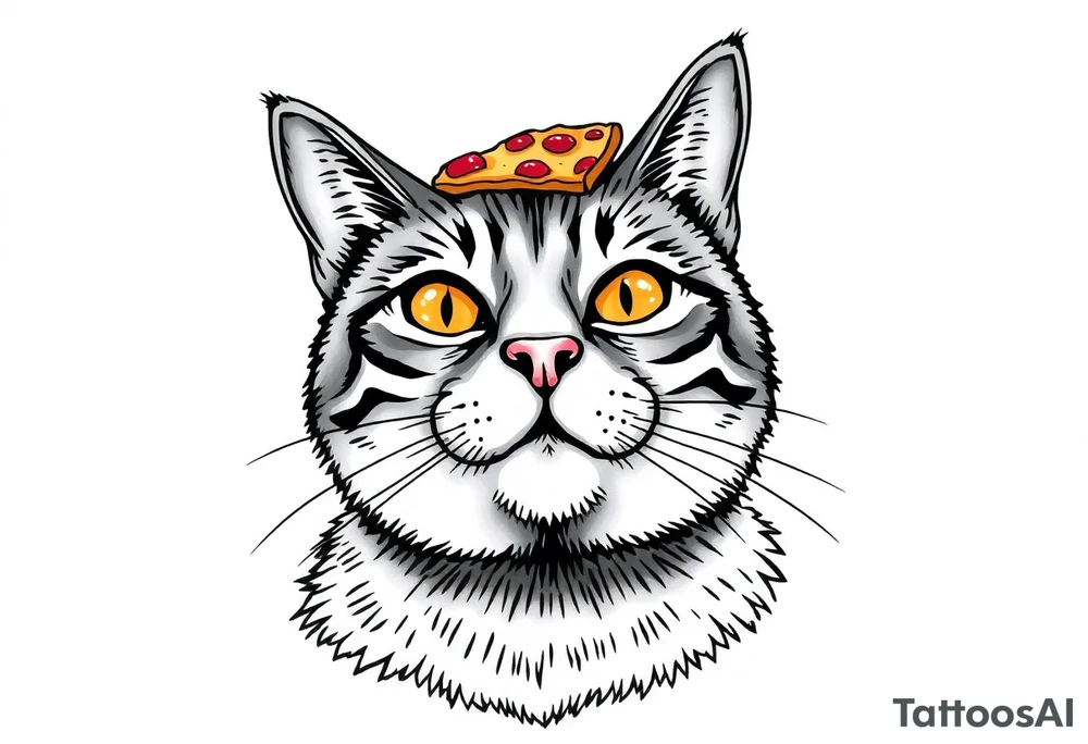 fat grey tabby cat portrait with pizza slice on its head tattoo idea