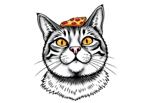 fat grey tabby cat portrait with pizza slice on its head tattoo idea