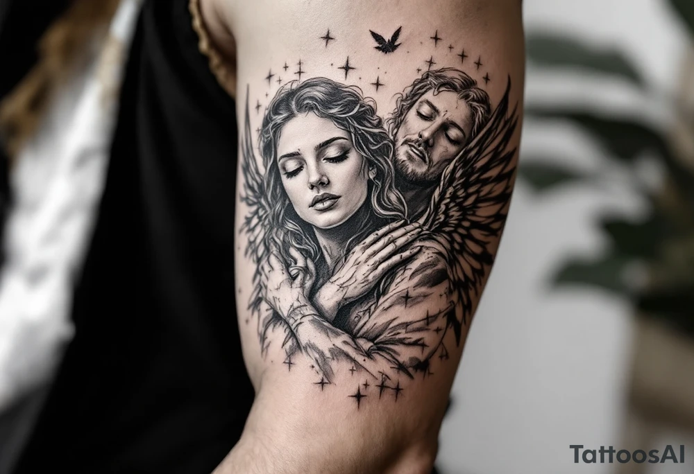 Arm sleeve with angels as a memorial tattoo idea