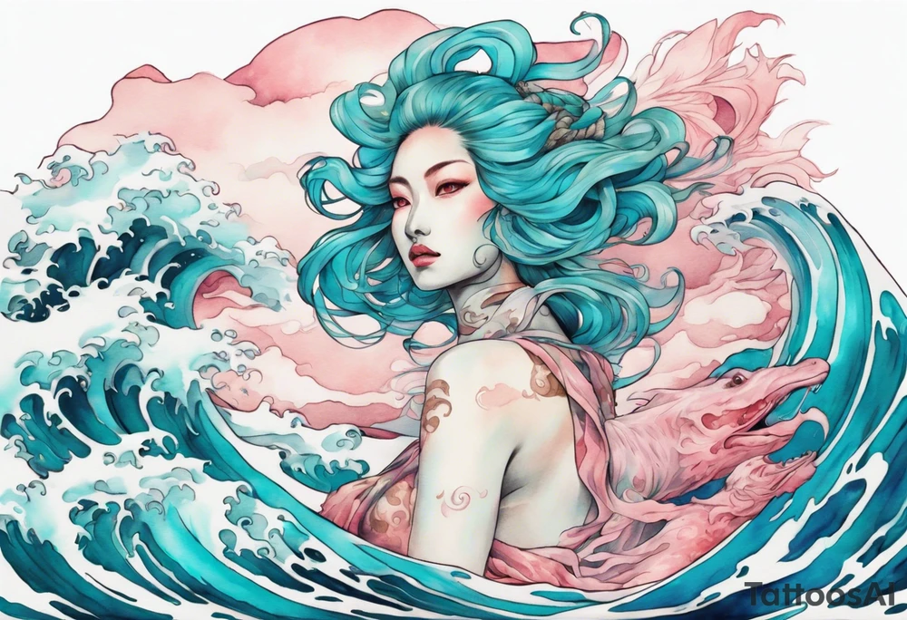 a beautiful turquoise pink and white lady falkor rising from the blue waves of the ocean tattoo idea