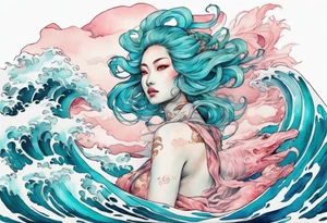 a beautiful turquoise pink and white lady falkor rising from the blue waves of the ocean tattoo idea