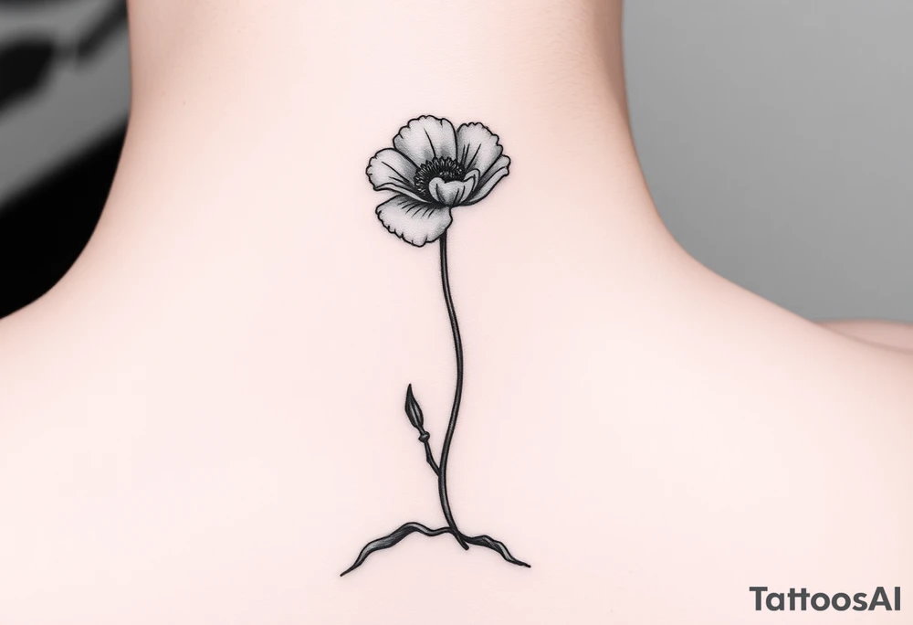 Simple line drawing style poppy growing up from cracks in pavement watercolor-esque coloring on poppy only back of ankle/heel or back of upper arm tattoo idea