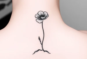 Simple line drawing style poppy growing up from cracks in pavement watercolor-esque coloring on poppy only back of ankle/heel or back of upper arm tattoo idea