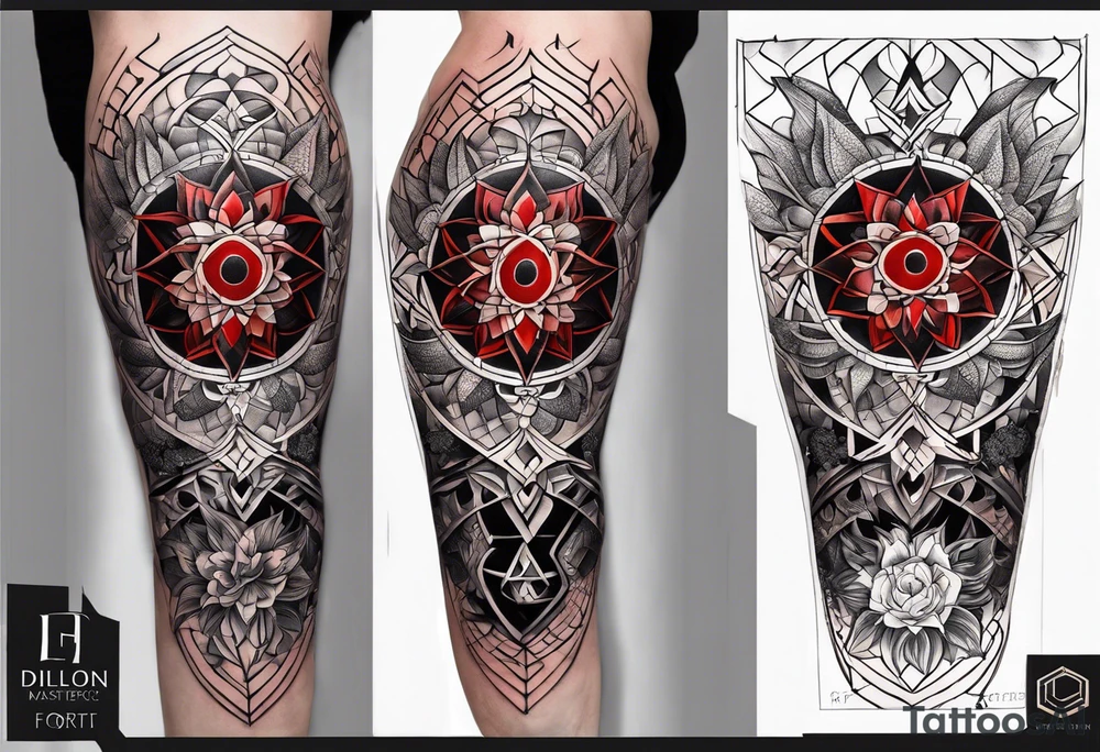 Dillon Forte Knee tattoo with tints of red and sacred geometry tattoo idea