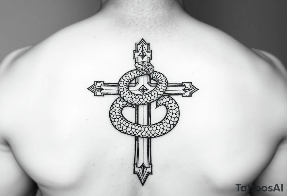 black and white drawing of a cross and a snake wrapped around it, leviathan cross, engulfed by a snake, which forms an infinity loop. The snake is depicted with intricate scales and a menacing expression, coiling tightly around the vertical shaft of the cross. The overall composition is bold and simplistic tattoo idea