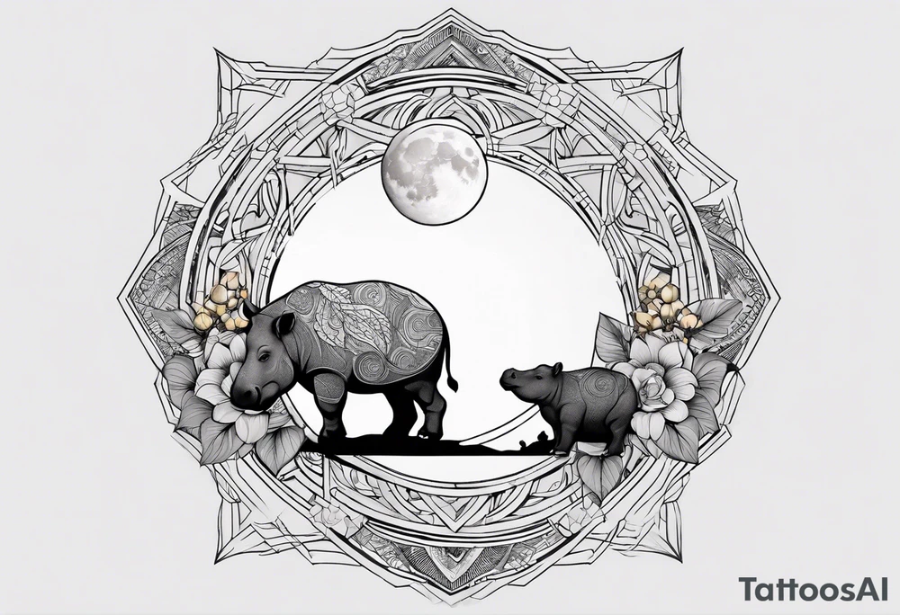 Very asymmetrical, +geometric pattern, with realistic full moon, with hippo, +zen feel, + Buddhism touch, +tribal, +geometric, +inkart 
with wintersweet flower bud, +portrait orientation, +inkart touch, tattoo idea