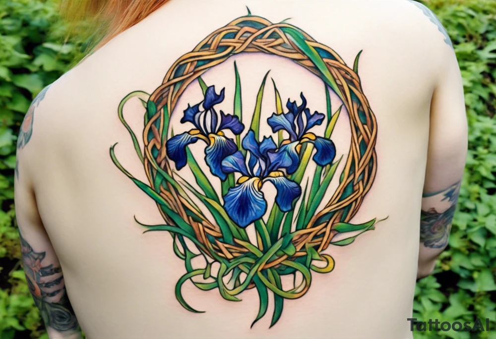 Create a small thick colorful Vincent van Gogh Irises tattoo , with vines in Celtic knots gracefully intertwining at a central point in the middle of the wreath.  The intended placement is on the upper chest. The overall design should be small in size while maintaining a delicate and artistic aesthetic. Pay attention to the graceful flow of the vines and the placement of the irises to achieve a refined and elegant look. tattoo idea