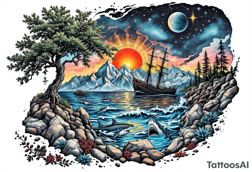 tattoo that has an acacia tree with mountains, ocean with a ship wreck with sharks and the northern star tattoo idea