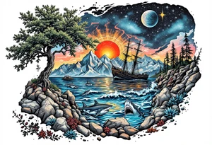 tattoo that has an acacia tree with mountains, ocean with a ship wreck with sharks and the northern star tattoo idea