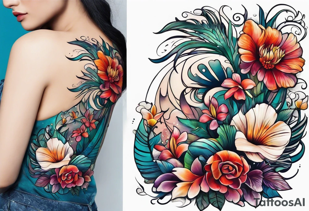 sea,, night, flower, palm, tattoo idea