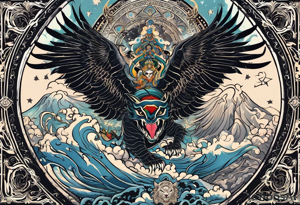 black kali, goddess pirate, alien, angel, pachamama, valkrye, warrior, flying, skull, lotus azul, wing, eagle, zenza resonance, stars, 5D, anahata chakra, death, durga, riding on a tiger, flying lady tattoo idea