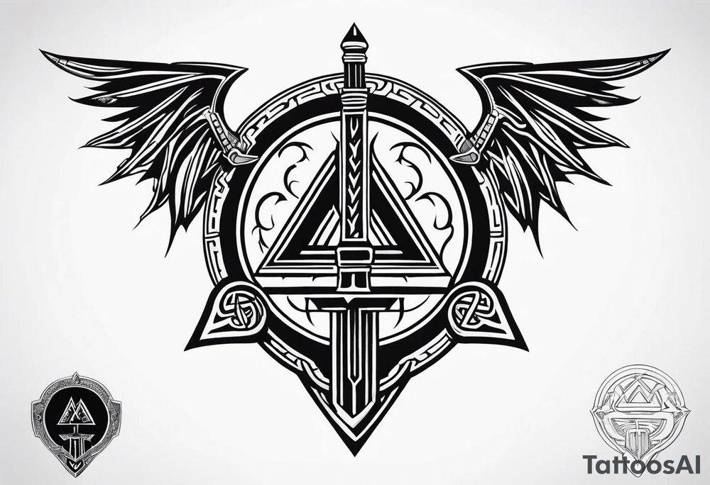 Valhalla sword shield dragon axe Valknut tattoo idea