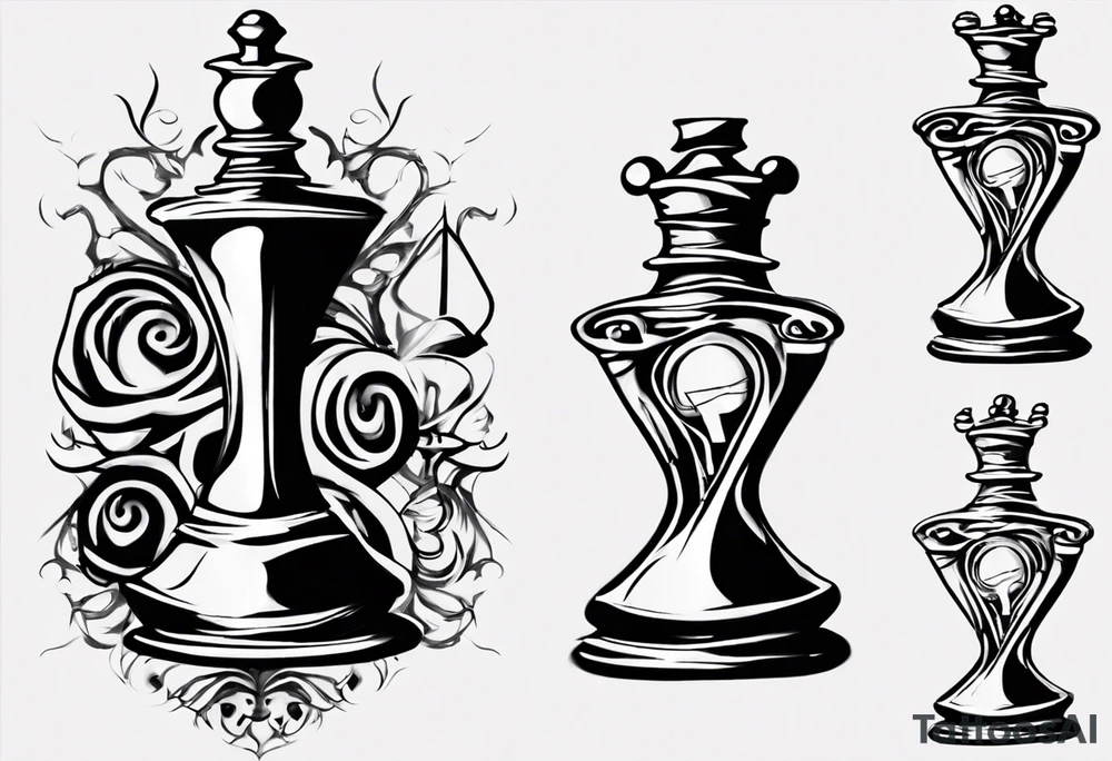 hourglass in the shape of a chess peace with filagree in the background tattoo idea