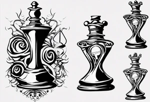 hourglass in the shape of a chess peace with filagree in the background tattoo idea