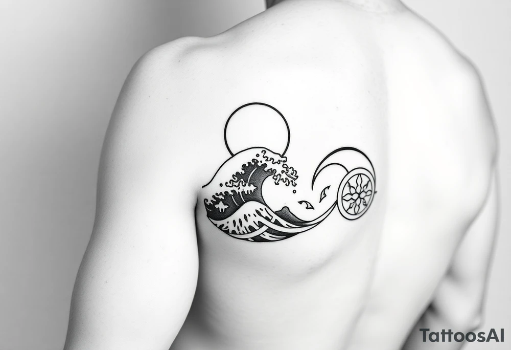 Wrap-around tattoo design, black and white, forearm placement. Continuous flowing band divided into three thematic sections that merge smoothly: sky with moon, stylized sea wave, Norse knotwork ornament. Each section wraps around the arm but transitions seamlessly into the next. Elegant, mythological marine style, line art with high contrast, stencil-ready. tattoo idea