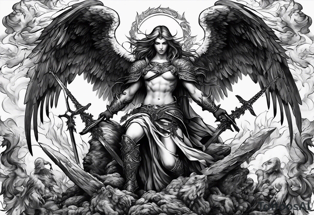 Angel with long sword on a pile of dead demons tattoo idea