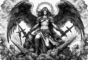 Angel with long sword on a pile of dead demons tattoo idea