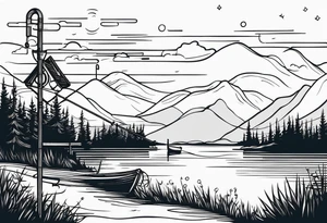 landscape and fishingpole and line with hook tattoo idea