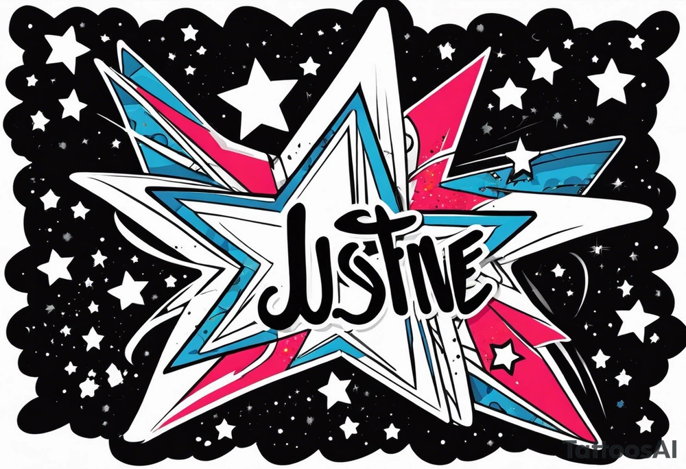 Graffiti style name in Justine in a star tattoo idea