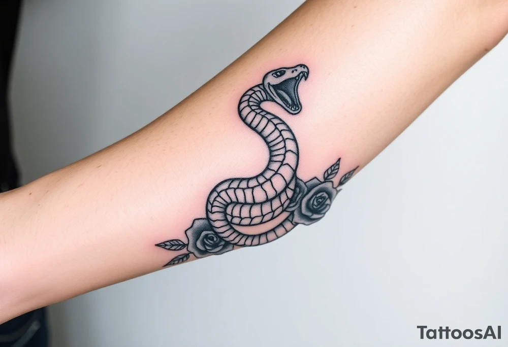 powerful majestic snake wrapped around rose ornaments tattoo idea