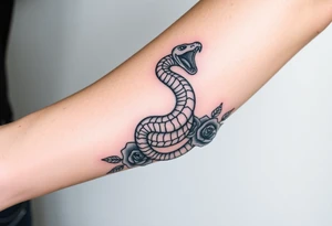 powerful majestic snake wrapped around rose ornaments tattoo idea