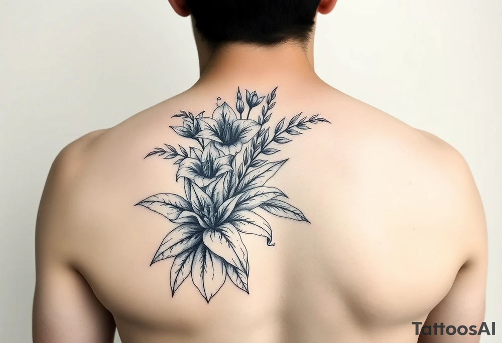 lilies and spider plant in a floral wrap on the arm tattoo idea