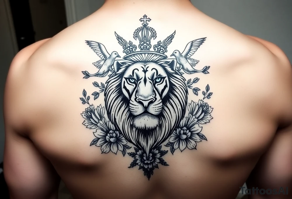 powerful majestic lion with a crown, surrounded by floral ornaments and birds tattoo idea