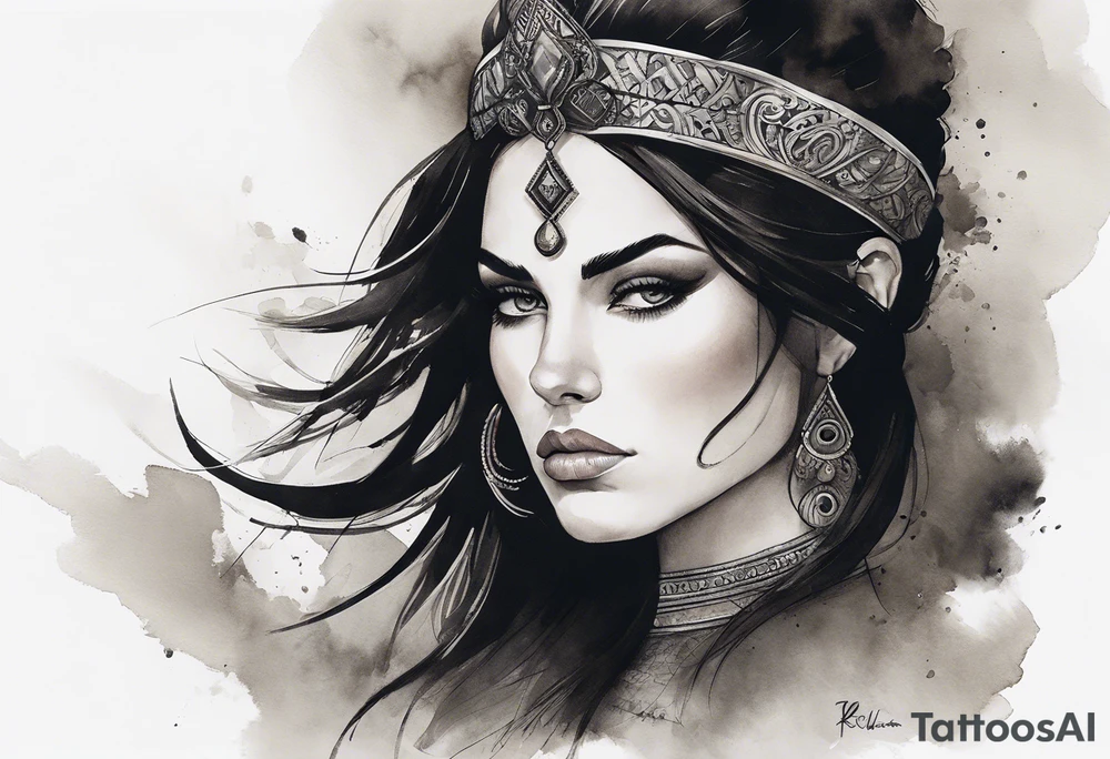 A white woman with dark hair and features. She will be posing sideways portrait style but looking head on. She needs to embody a modern warrior. . And the outside of the tattoo can fade away with smoke. It’s for my outer shoulder so it’s about 20x7cm her hair should be down and loose. She should be holding a queen of hearts that has a lion on it and another card that’s not closed. tattoo idea