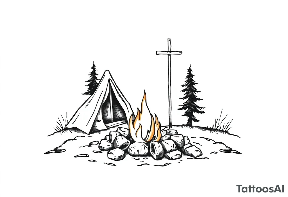 Campsite with a campfire with a cross tattoo idea