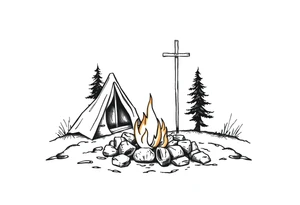 Campsite with a campfire with a cross tattoo idea