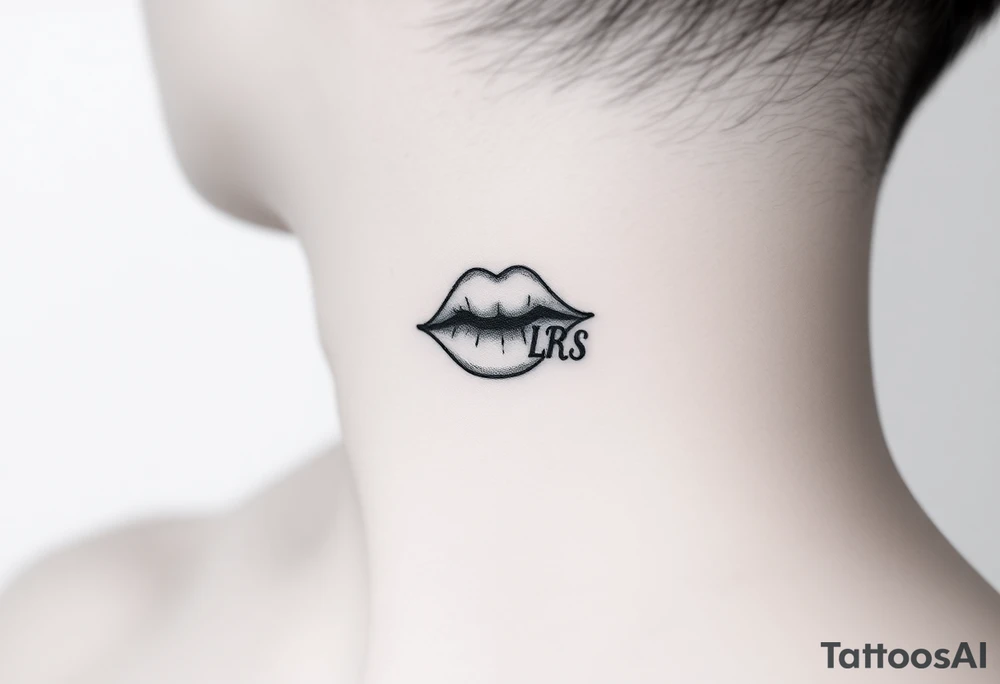 kiss tattooed on the neck with the initials lrs beside it tattoo idea