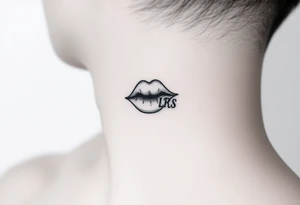 kiss tattooed on the neck with the initials lrs beside it tattoo idea
