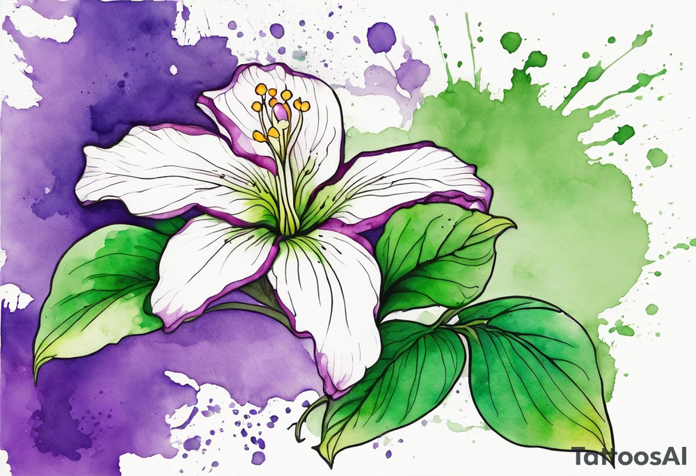 An outline of a green rio dipladenia flower and a purple watercolor splash in the background tattoo idea