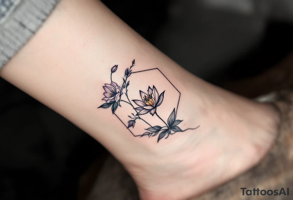 Leo, larkspur and water lily surrounded by a hexagon tattoo idea