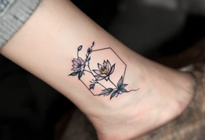 Leo, larkspur and water lily surrounded by a hexagon tattoo idea