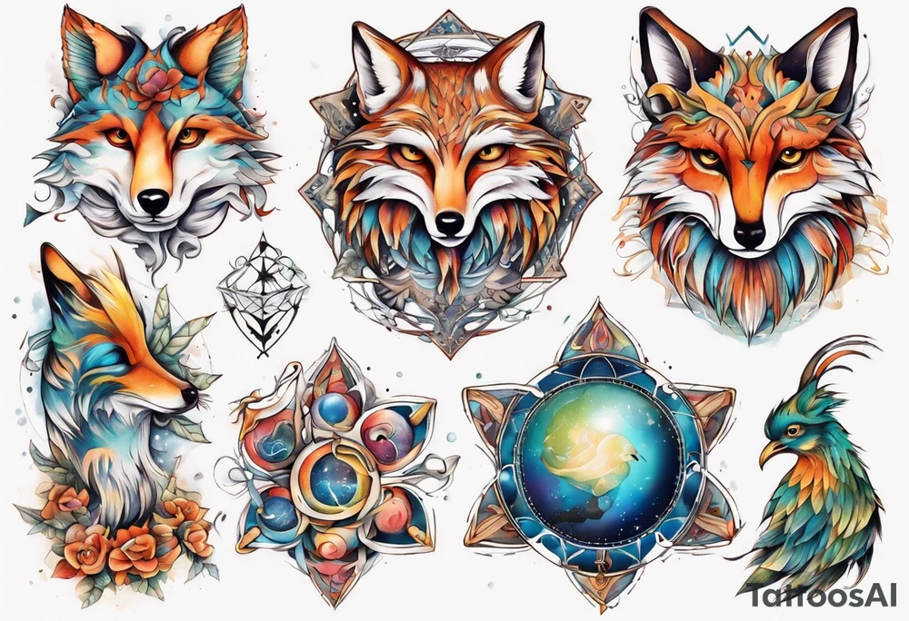 fisch, fuchs und eule , symetrie universum, bunt tattoo idea