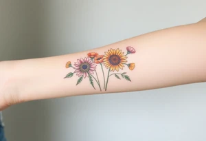 Small watercolour style bunch of wild flowers including Lilly stargazers, sunflowers, poppies and peonies to be placed on forearm tattoo idea