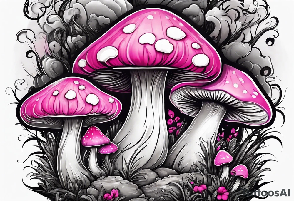 pink and white mushroom forest, smoke coming from caterpillars mouth tattoo idea